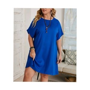 NEW Solid Blue Short Sleeve Shift Dress Tunic Plus Size 5 Crew Neck CASUAL CUTE